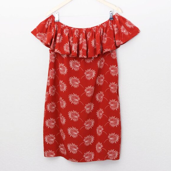 Madewell 100% Silk Palmflower Off The Shoulder Ruffle Mini Dress M $150 Rust - Picture 7 of 16
